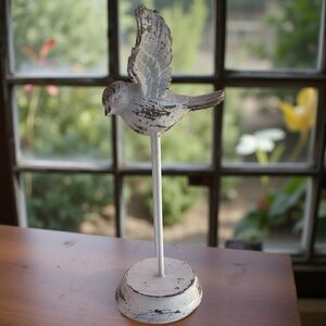 Bird in Flight Distressed White Wooden Sculpture on Metal / Wood Stand